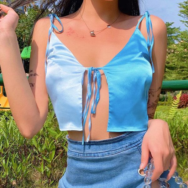 

women lace-up strap sleeveless crop blue patchwork imitation silk camisole open front bandage sling vest streetwear, White