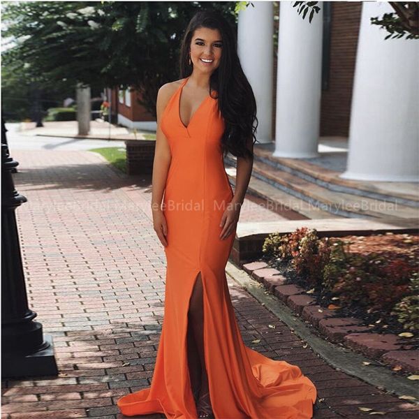 

orange robe de soiree v-neck halter evening dresses mermaid style girls formal party dress backless vestidos de festa, White;black