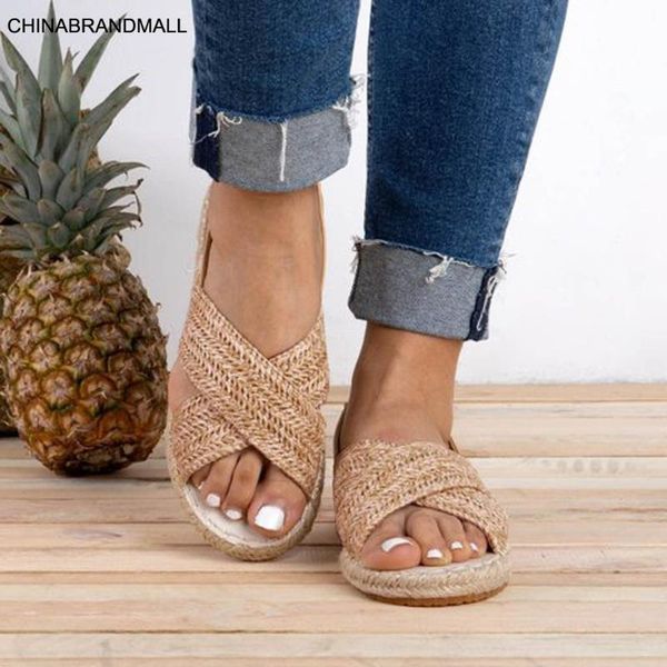 

womens straw rope flats elastic band casual shoes straw rope roman beach sandals sandalia masculina adulto#, Black