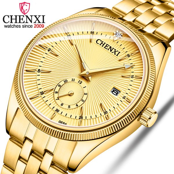 

chenxi brand calendar gold quartz watches men selling wristwatch golden clock male rhinestone watch relogio masculino, Slivery;brown