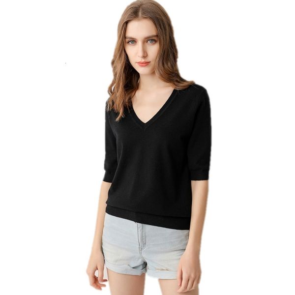 

spring sweater knitted sweater women's wool thin neck women's short sleeve, Black