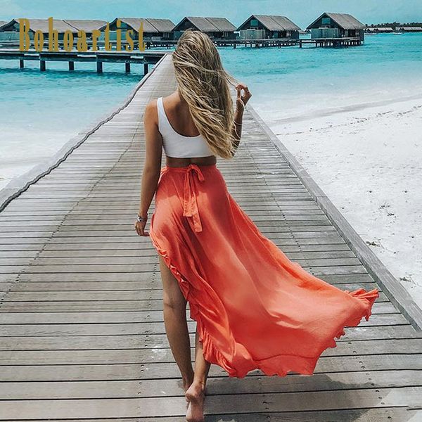 

bohoartist boho skirt women solid maxi skirts summer lace up ankle length split cotton casual ladies 2019 new chic long skirts, Black;gray