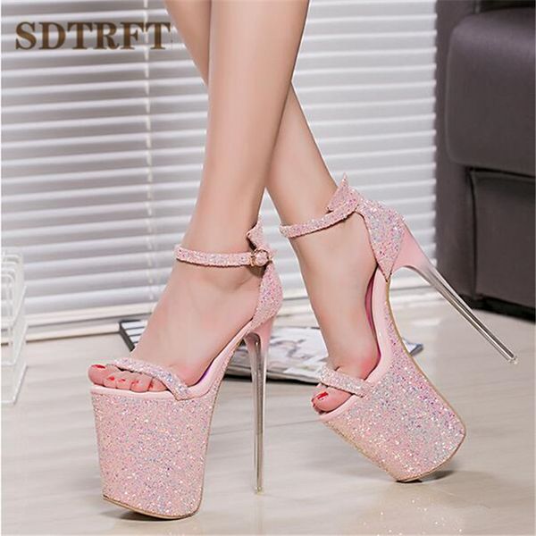 

sdtrft stiletto ladies sandals platform shoes woman 20cm thin high heels zapatos mujer sequins pink crossdresser stripper pumps, Black