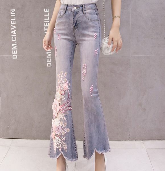 

high waist elastic jeans women 3d flower embroidery appliques pearls denim long trousers ladies flare pants sequined casual jean, Blue