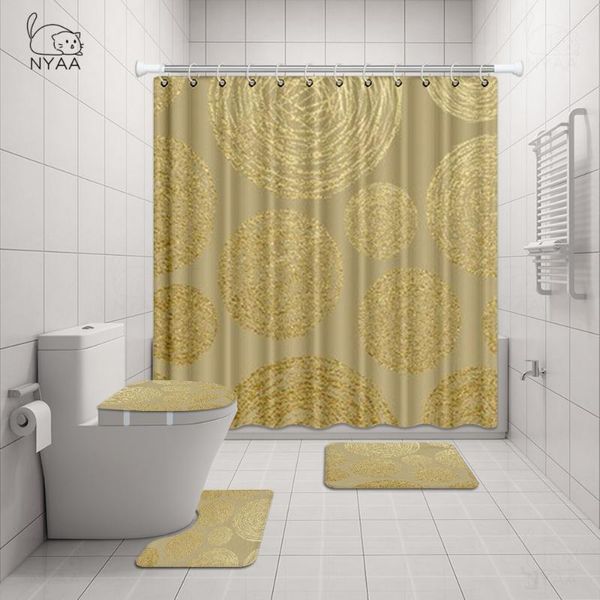 

nyaa 4 pcs gold texture shower curtain pedestal rug lid toilet cover mat bath mat set for bathroom decor
