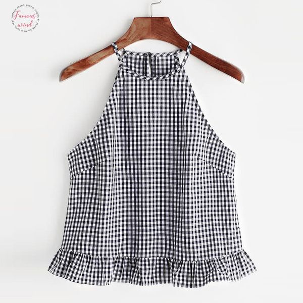 

fashion plaid printed vest women sleeveless button keyhole frill halter tanks summer loose female plus size 2xl, White