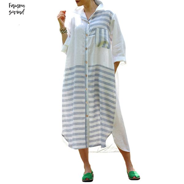 

dress women cotton mid calf vestidos 2019 autumn spring casual lapel long sleeve pockets striped splice asymmetric twill split, Black;gray