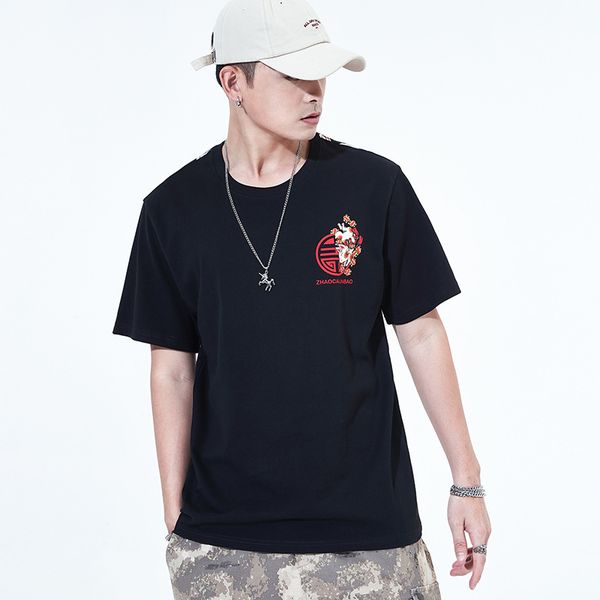 

2020 summer new men's short-sleeved t-shirt chinese style carp printed round neck cotton t-shirt shirt tide brand, White;black
