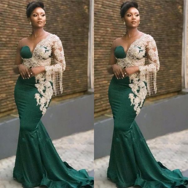 

gorgeous beadings mermaid prom dresses sweetheart sheer neck long sleeve gold lace appliqued evening party dresses african bc2906, Black