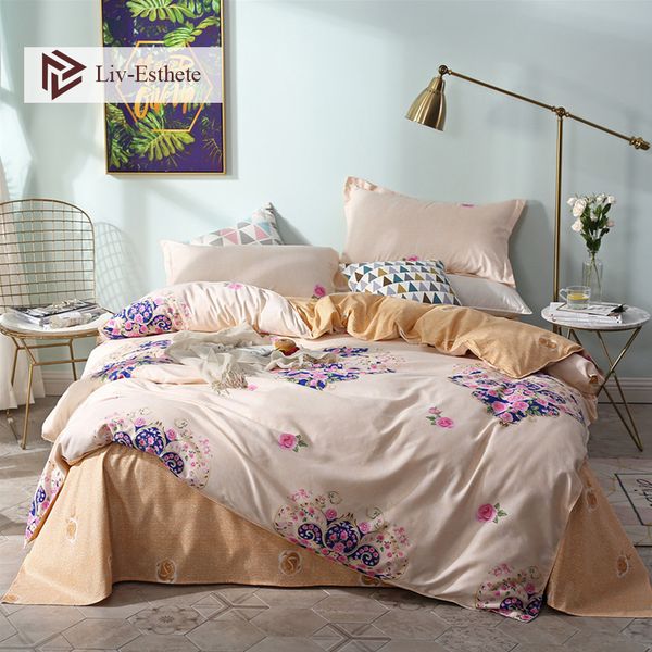 

liv-esthete fashion rose flower bedding set double  king duvet cover pillowcase soft flat sheet bed linen for adult