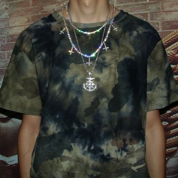 

хип-хоп полный алмаз горный хрусталь bling цепи ювелирные изделия мужские золото серебро обледенелый теннис цепи крест кулон ожерелье, Black