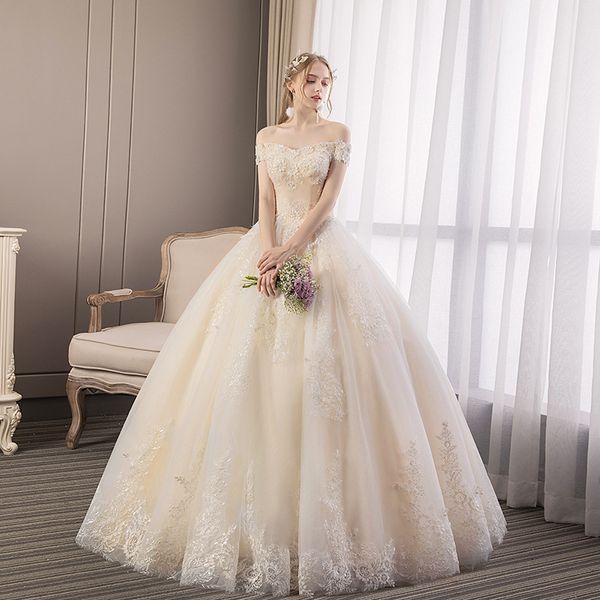 

elegant a-line bateau neck bridal dress with crystal chic champagne color lace applique bridal gowns wedding dress floor length ball gown, White