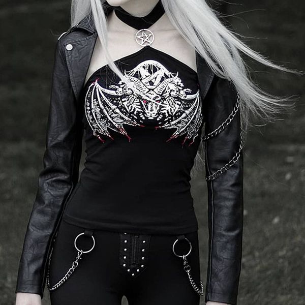 

women tank halter gothic animal print evil dragon skull stylish 2019 cool girl backless summer club black camisole, White