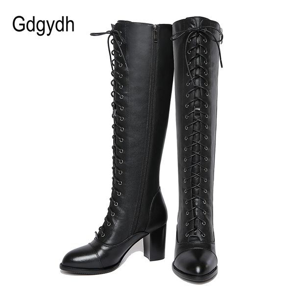 

gdgydh 2019 winter lacing knee high boots women spring autumn female rubber sole high heels woman genuine leather booties shoes, Black