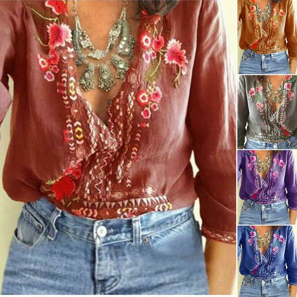 

2019 new style fashion print women three-quarter sleeve button ladies summer casual v neck loose shirt, White