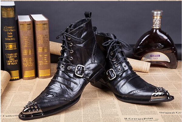 

genuine leather italian western botines hombre steel toe shoes male rivets belt combat ankle boots men bota zapatos, Black
