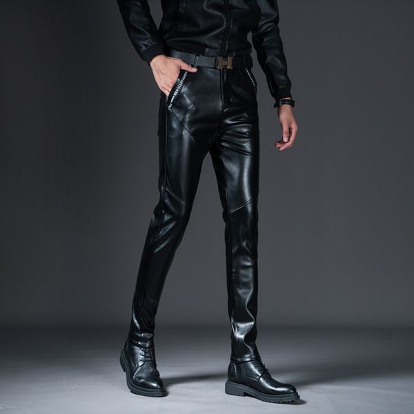 

2020 men's pu leather pants foot thickening and velvet cultivate one's morality pants youth fashion leather, Black