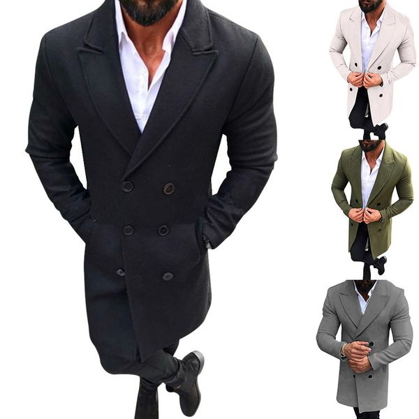 

autumn winter blends coat men wool casual slim solid long business jacket turn down collar streetwear jacket trench coat, Black