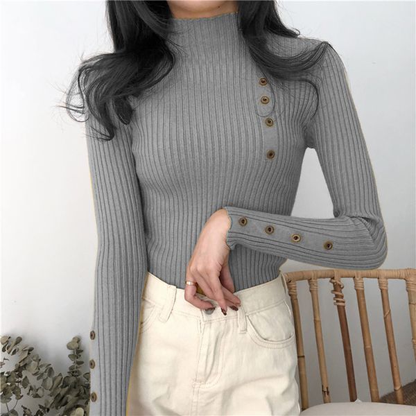 

new 2019 autumn and winter women button sweater turtleneck long sleeve slim women knit sweater and pullover, White;black