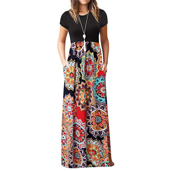

summer dress 2019 women's casual sleeve o-neck print maxi tank long dress dresses de verano plus size elbise vadim dresses, Black;pink