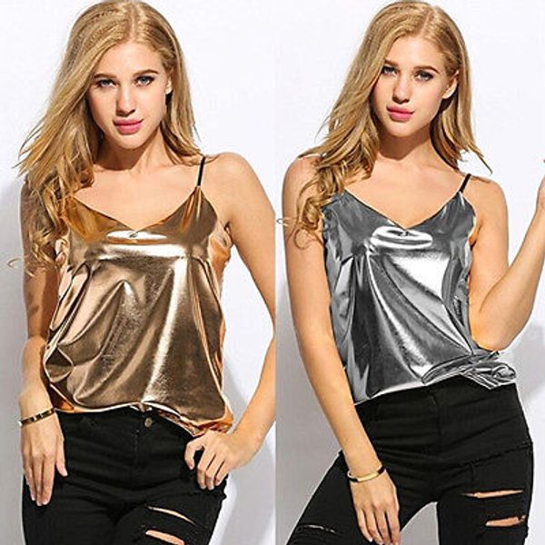 

fashion women new summer vest sleeveless casual tank gold sliver solid v-neck, Black;blue