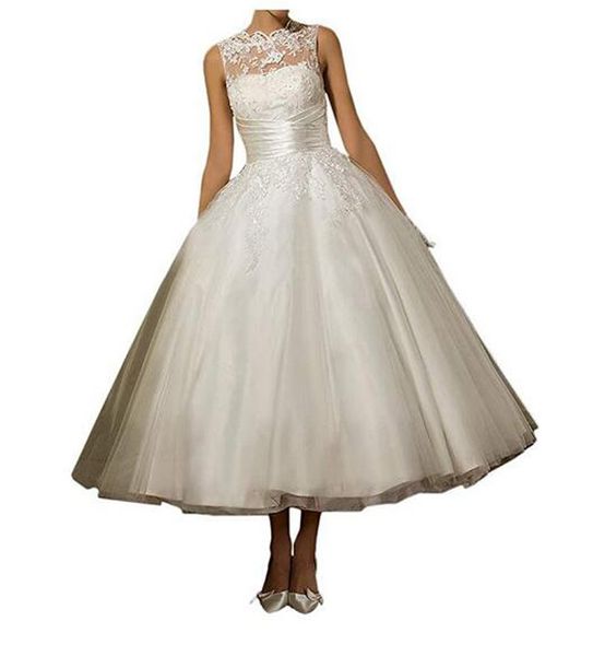 

elegant sleeveless wedding dresses country style high neck lace appliques v back a line tea length bridal gowns custom made cheap, White