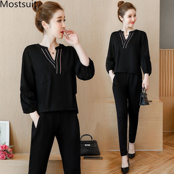 

l-5xl black casual two piece set women lantern sleeve v-neck and elastic pants suits fashion korean spring autumn sets 2019, Gray