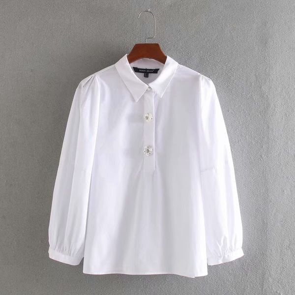 

2020 women office turn down collar diamond buttons casual blouse lantern sleeve shirts female stylish solid blusas ls6427, White