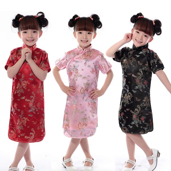 

baby girls chinese style satin cheongsam children qipao traditional tang suit wedding dress kids modern clothing stage costumes, Blue