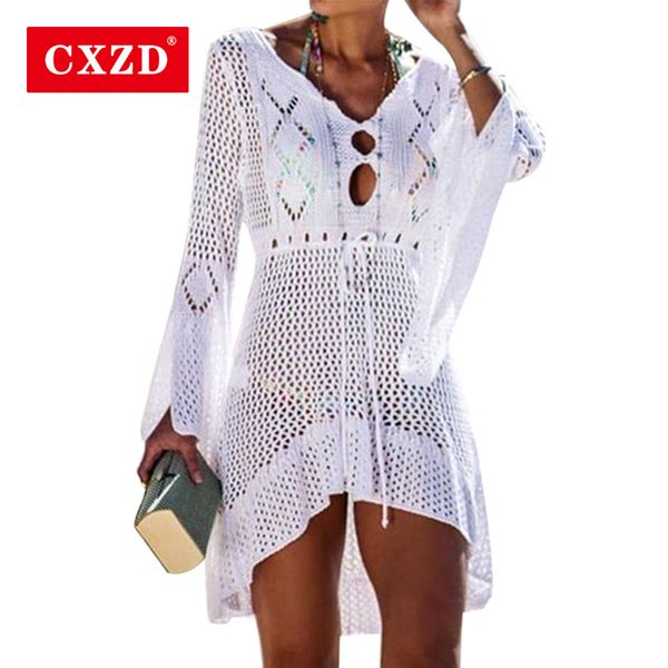 

cxzd summer women casual hollow out knit dress trumpet sleeve beach coast bikini sun protection clothing cover up, Blue;gray