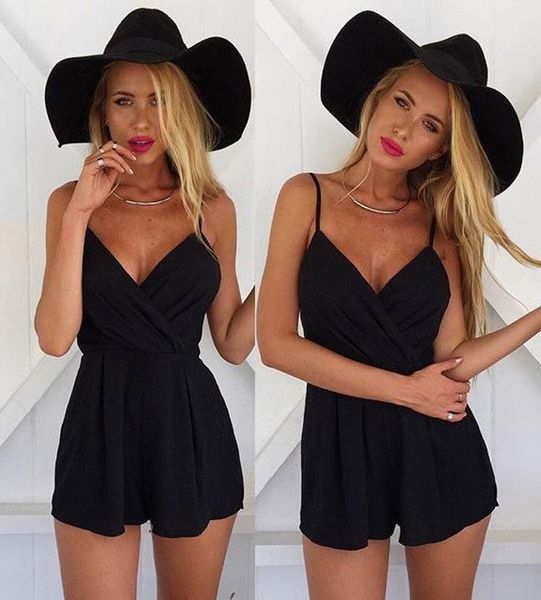 

designer summer beach casual short jumpsuits deep v-neck spaghetti strap women black jumpsuits, Black;white