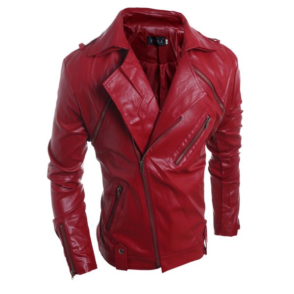 

men's jackets fashion faux leather red & black jacket lapel slant zipper slim fit windbreaker waterproof coat casual motorcycle, Black;brown