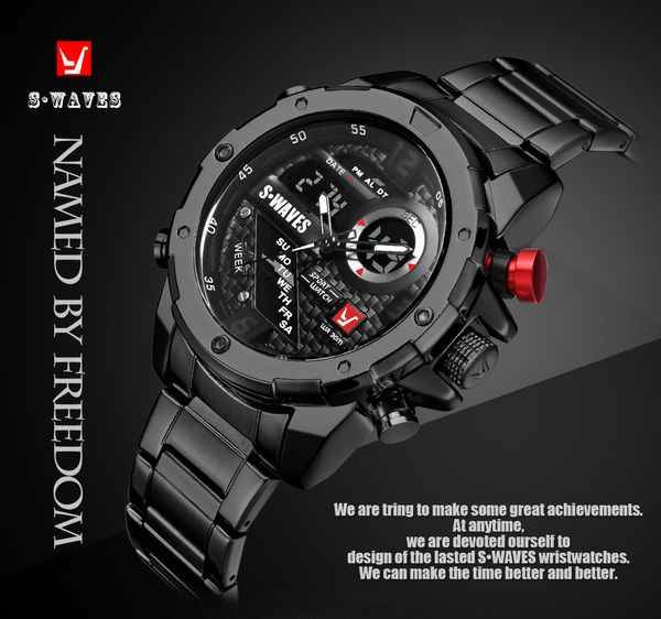 

swaves classic double display men's watch steel band vacuum plating waterproof imported quartz movement watch, Slivery;brown