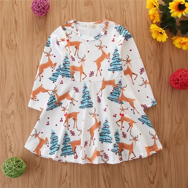 

baby girl christmas dress long sleeve ins elk deer christmas tree printed costume princess autumn dress, Red;yellow