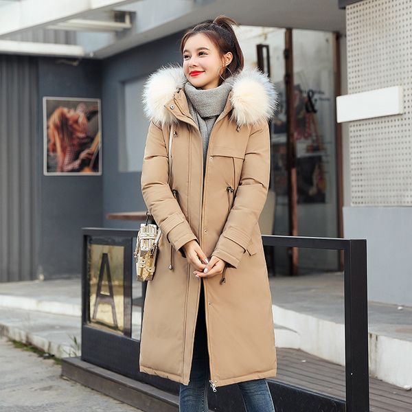 

women parkas winter coats hooded thick cotton warm female jacket fashion mid long wadded coat outwear plus size, Tan;black
