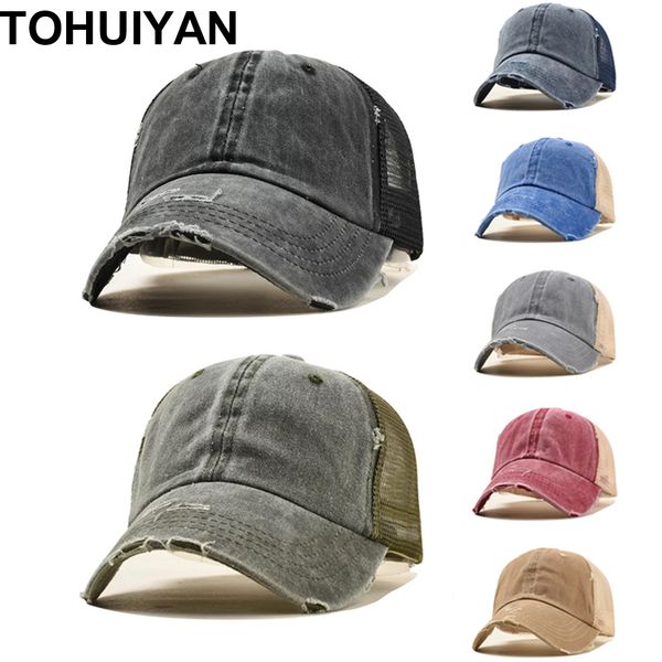 

tohuiyan summer washed baseball cap men vintage snapback hats casquette bone mesh trucker caps for women ponytail fitted hats, Blue;gray