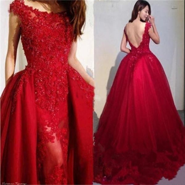 

wine red beading appliques tulle overskirt evening dresses 2019 modest scoop neck lace backless mermaid prom gowns formal wear