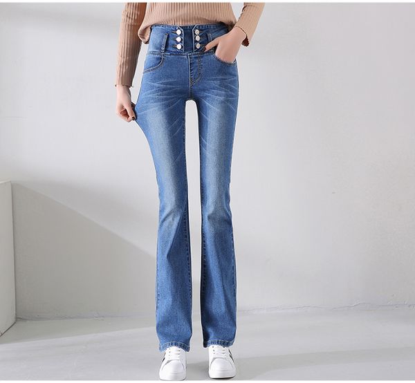 

light blue rows of tall waist buckle micro flared jeans trousers