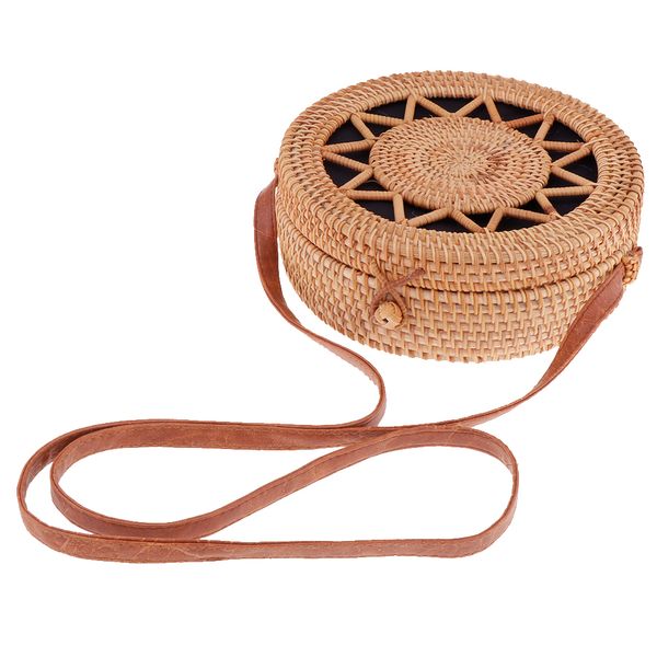 

eco hand-made round rattan tote shoulder crossbody bag summer beach handbag, Black;red