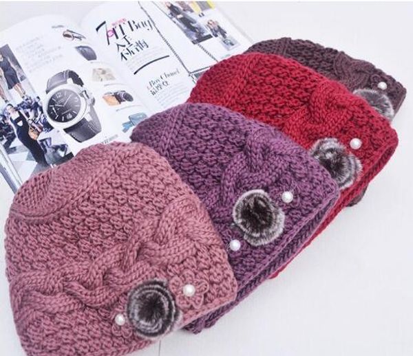 

middle aged and elderly ladies' hat, winter money, thickening and velvet knitted caps, old lady outdoor warm flowers, wool cap delivery, Blue;gray