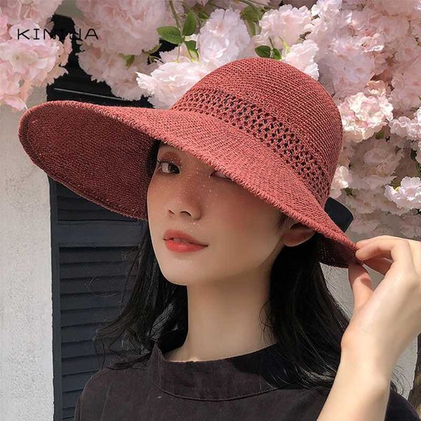 

summer women's knitting hat large brim sun protection sweat absorption bow straw hat outdoor travel sun, Blue;gray