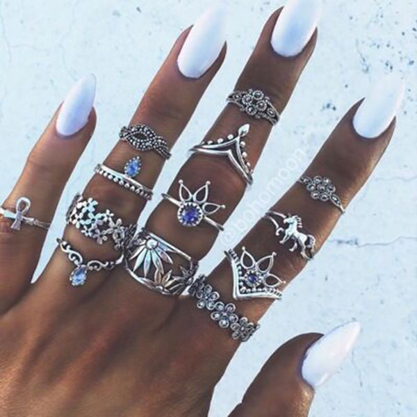

5 компл. европейской и американской моды костяшки кольца набор bague femme ювелирные изделия винтаж кристалл кольца перста для женщин мода с, Silver