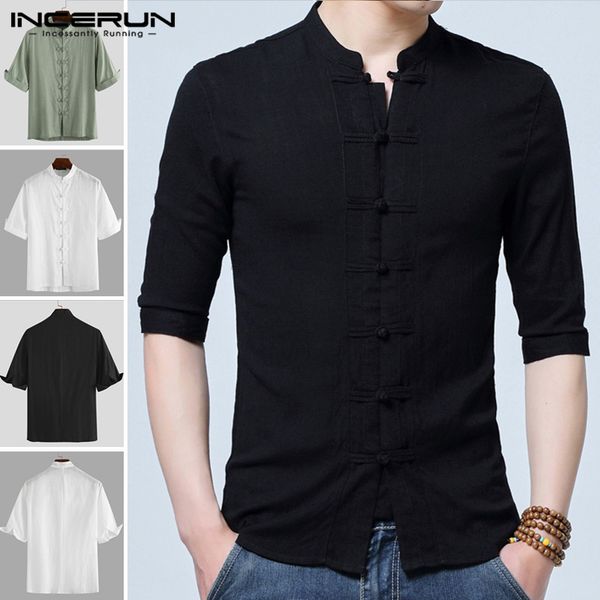 

incerun 2020 mens vintage shirt men casual half sleeve cotton solid elegant stand collar chinese style tang suit plus size, White;black