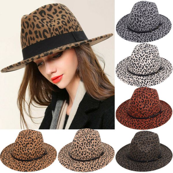 

women fashion vintage wide brim hard felt fedora hats leopard print cap khaki army green wine red beige gray, Blue;gray