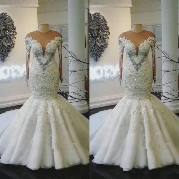 

vintage mermaid lace applique crystal beaded wedding dresses 2019 sheer neck long sleeve bridal gown zipper back sweep train