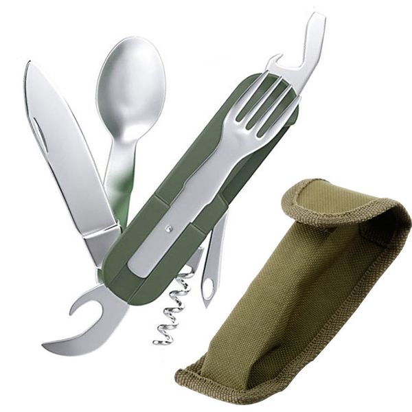 

outdoor camping folding tableware set multipurpose handle fork knife spoon bottle opener canvas carry pouch picnic cutlery sets