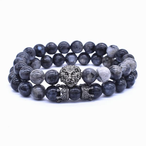 

2 pcs / set vintage lion head and crown charm bracelet 8mm natural lava stone beads bracelet men 2019 fashion jewelry, Golden;silver