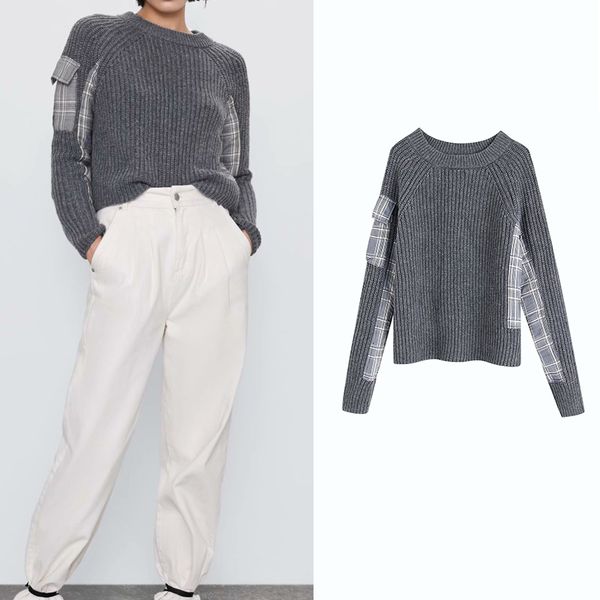 

elegant women sweater casual basic knitted long sleeve sweaters o neck pocket patchwork stretchy pullovers female casual, White;black
