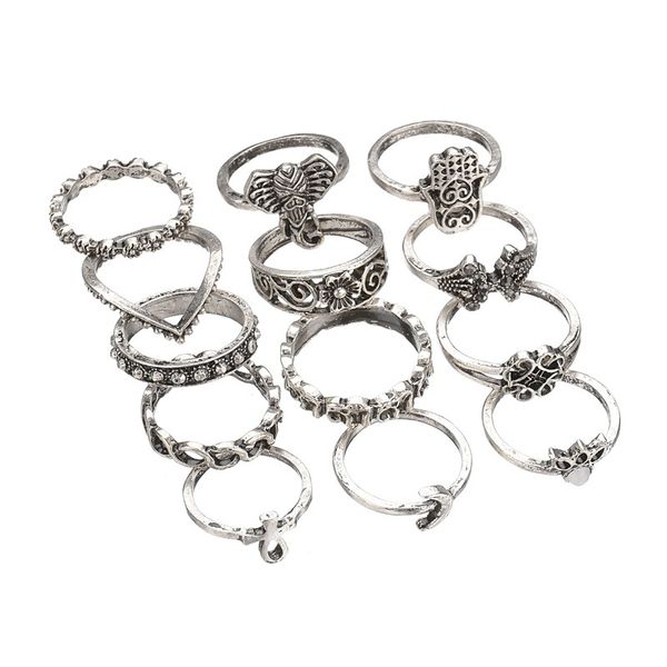 

retro antique silver and gold 2 colors crown rhinestone big palm elephants 13pcs ring sets for women r482, Golden;silver