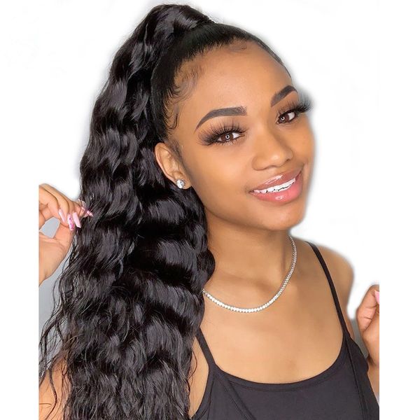 

body wave ponytail wrap drawstring brazilian virgin human hair extensions natrual black clip in wavy remy hair pieces for women